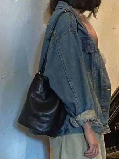 Niche Design Beaded Embroidery Bucket Bag, Summer Denim Effect Shoulder Bag, New Chinese Style Fashion Versatile Commute Outing Shopping Crossbody Bag For Women