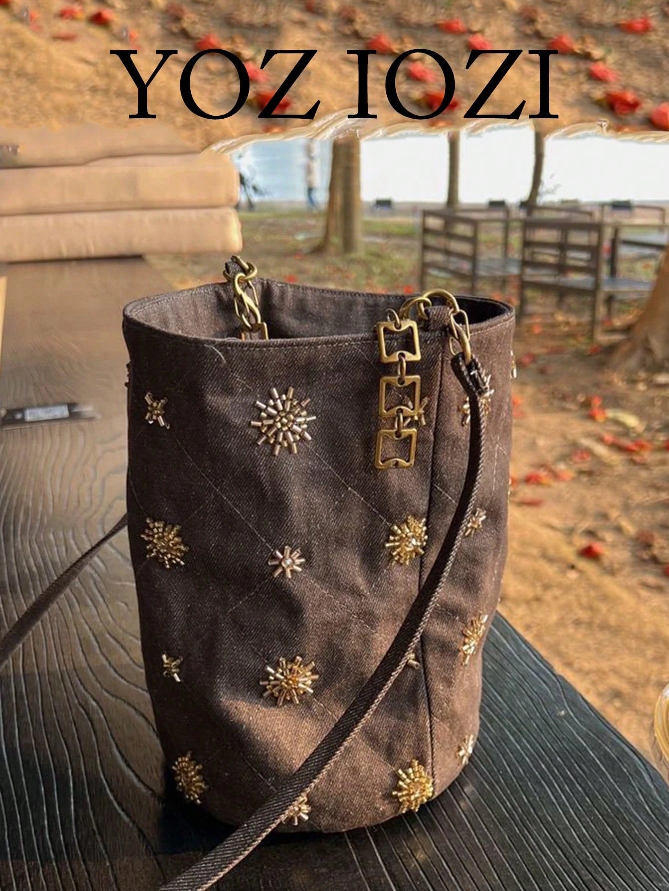 Niche Design Beaded Embroidery Bucket Bag, Summer Denim Effect Shoulder Bag, New Chinese Style Fashion Versatile Commute Outing Shopping Crossbody Bag For Women