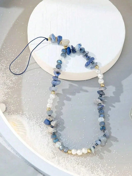 Niche Design Lapis Lazuli & Pearl Mobile Phone Strap, Natural Stone And Freshwater Pearl Mix Gradient Blue, Cure Vibe, Suitable As Phone Pendant Or Hanging Decoration, Artistic And Unique, Add Some Be