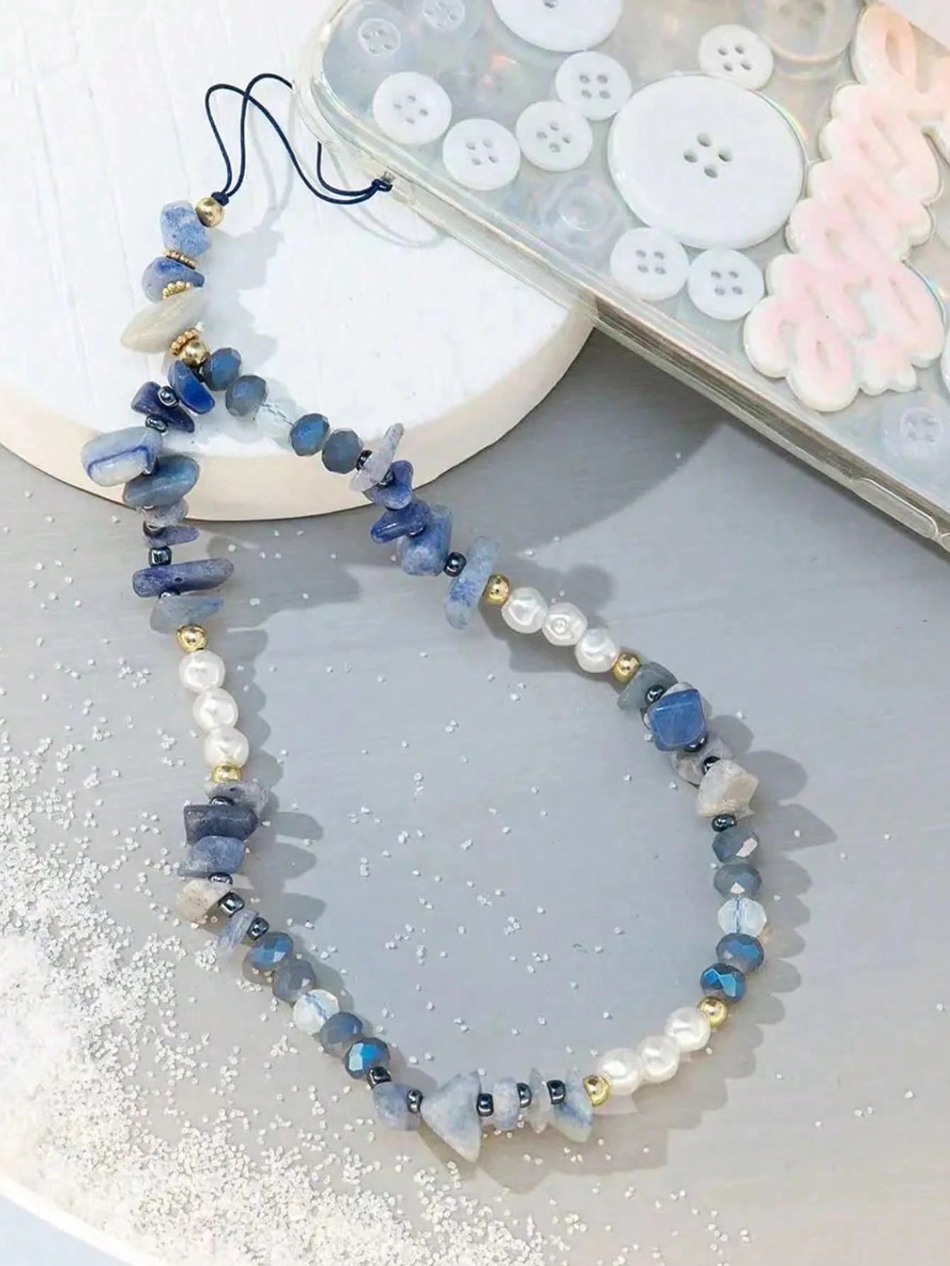 Niche Design Lapis Lazuli & Pearl Mobile Phone Strap, Natural Stone And Freshwater Pearl Mix Gradient Blue, Cure Vibe, Suitable As Phone Pendant Or Hanging Decoration, Artistic And Unique, Add Some Be