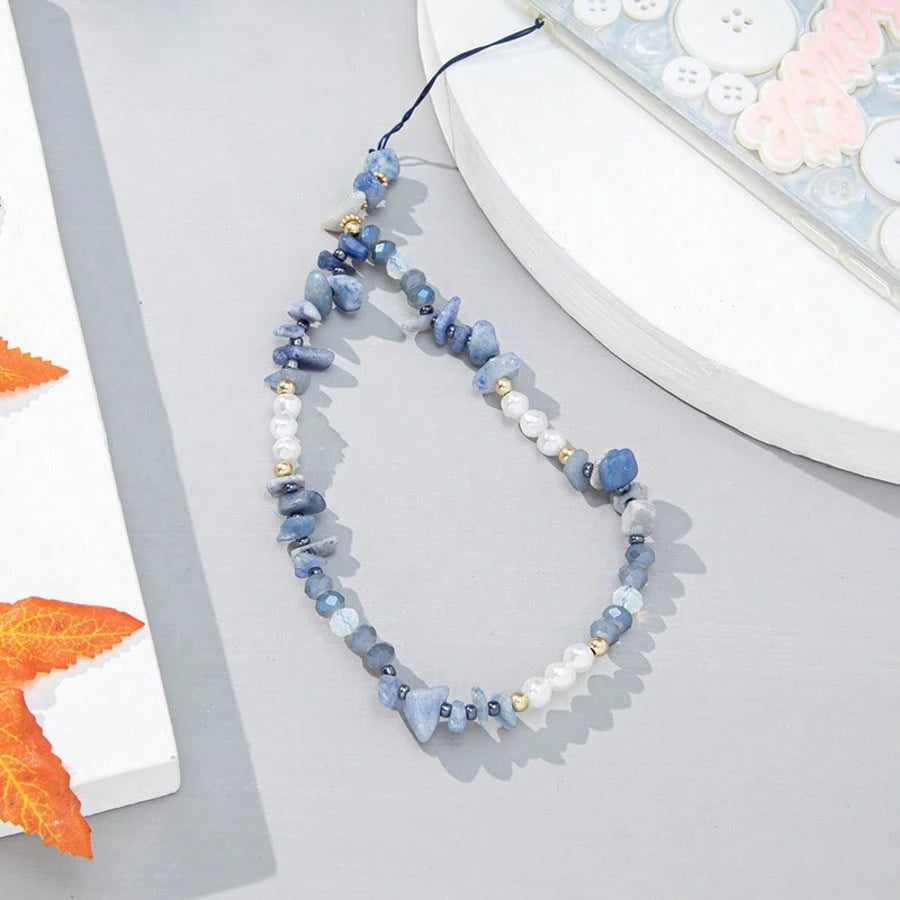 Niche Design Lapis Lazuli & Pearl Mobile Phone Strap, Natural Stone And Freshwater Pearl Mix Gradient Blue, Cure Vibe, Suitable As Phone Pendant Or Hanging Decoration, Artistic And Unique, Add Some Be