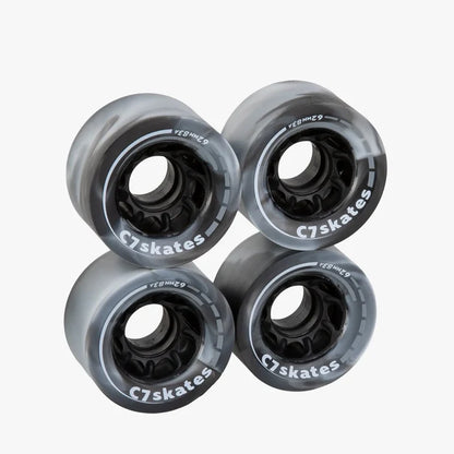 Four C7skates roller skate wheels on a white background