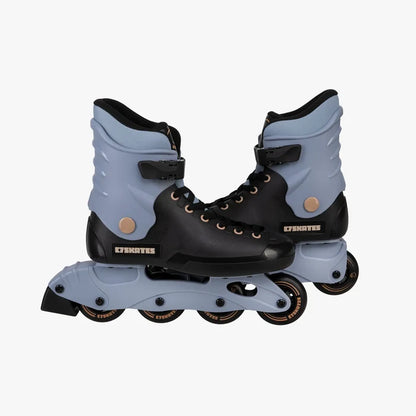 Pair of roller skates with black and gray design on a white background