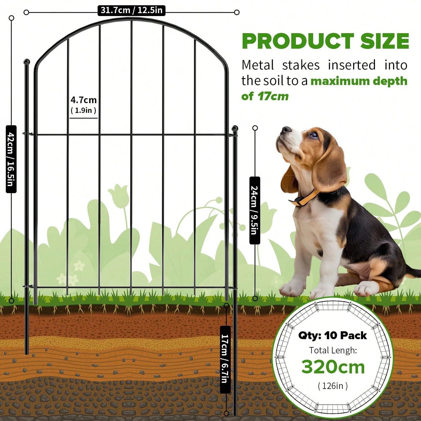 No Dig Garden Fence, 43cm X 3m Rustproof Metal Animal Barrier, 10 Pack Arched Decorative Border Panel For Dog, Flower Bed Edging, Yard Patio And Outdoor Garden Decor