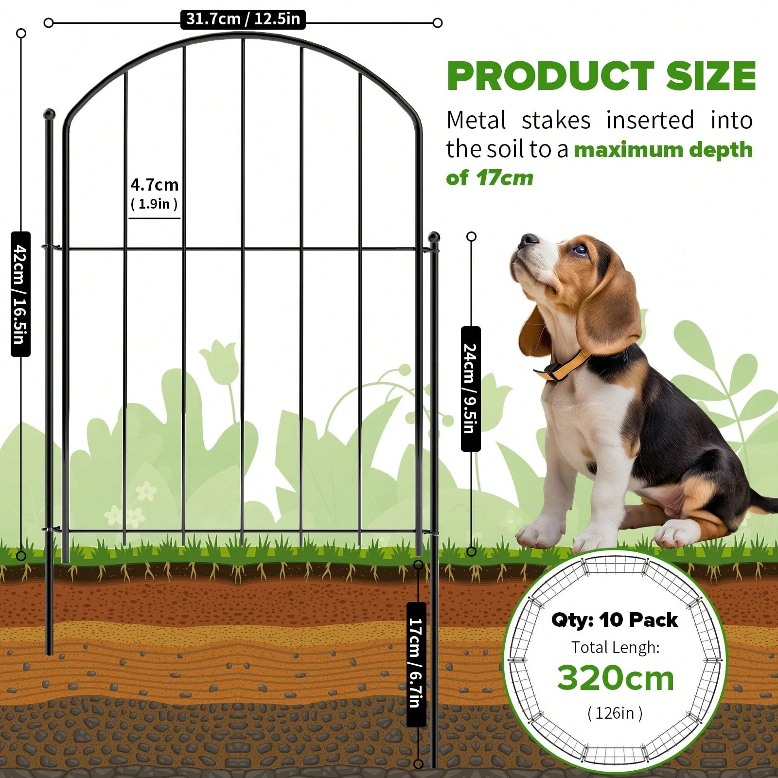 No Dig Garden Fence, 43cm X 3m Rustproof Metal Animal Barrier, 10 Pack Arched Decorative Border Panel For Dog, Flower Bed Edging, Yard Patio And Outdoor Garden Decor