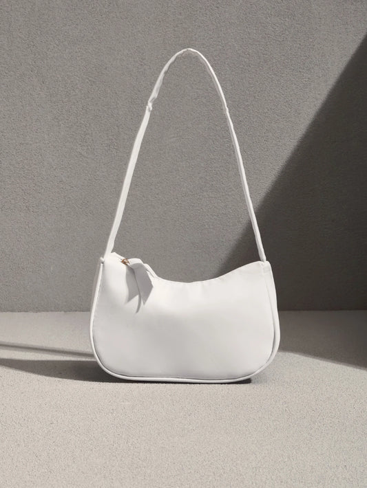 NobleVue Solid Color PU Leather Minimalist Fashion Handbag, Versatile Baguette Shoulder Bag For Women, White Bag
