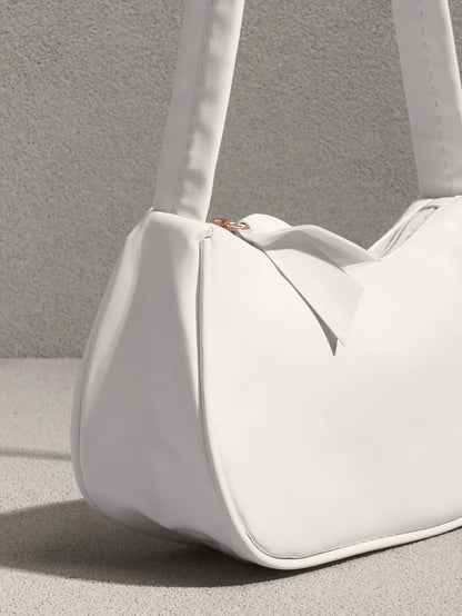 NobleVue Solid Color PU Leather Minimalist Fashion Handbag, Versatile Baguette Shoulder Bag For Women, White Bag