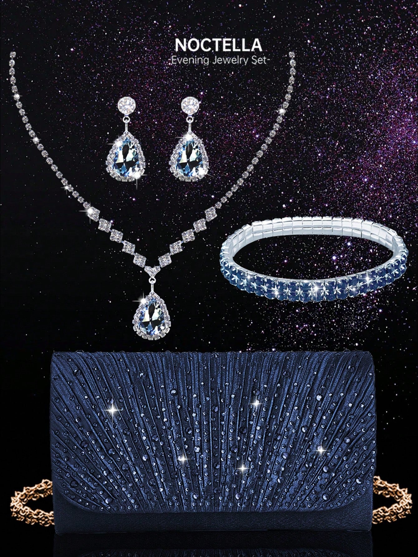 Noctella 4pcs Rhinestone Jewelry Set, Sparkling Necklace, Earrings And Bracelet, Luxury Rhinestone Pleated Clutch, Luxury Women's Pearl Style Evening Bag, Understated Luxury Rhinestone Suitable For Pa