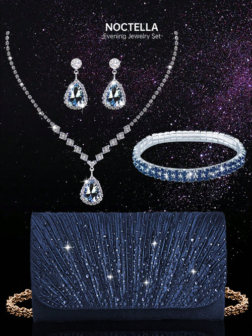 Noctella 4pcs Rhinestone Jewelry Set, Sparkling Necklace, Earrings And Bracelet, Luxury Rhinestone Pleated Clutch, Luxury Women's Pearl Style Evening Bag, Understated Luxury Rhinestone Suitable For Pa