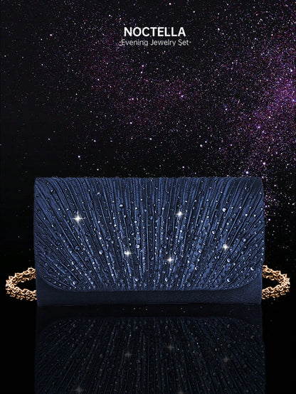 Noctella 4pcs Rhinestone Jewelry Set, Sparkling Necklace, Earrings And Bracelet, Luxury Rhinestone Pleated Clutch, Luxury Women's Pearl Style Evening Bag, Understated Luxury Rhinestone Suitable For Pa