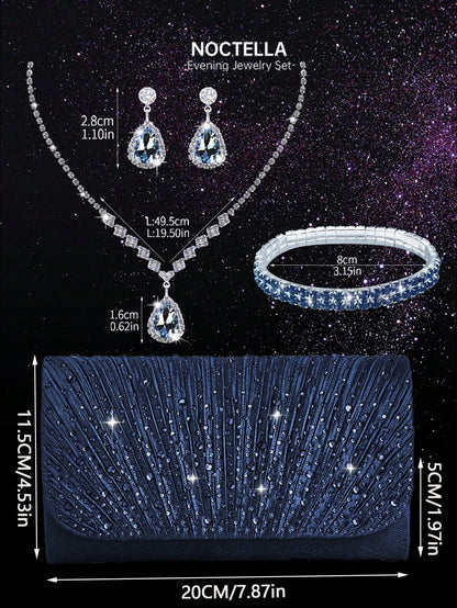 Noctella 4pcs Rhinestone Jewelry Set, Sparkling Necklace, Earrings And Bracelet, Luxury Rhinestone Pleated Clutch, Luxury Women's Pearl Style Evening Bag, Understated Luxury Rhinestone Suitable For Pa