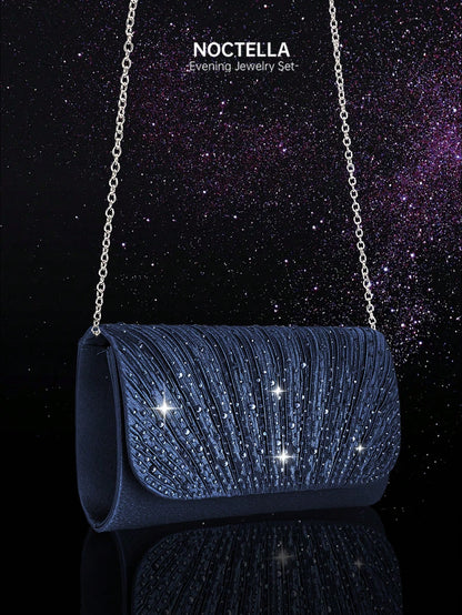 Noctella 4pcs Rhinestone Jewelry Set, Sparkling Necklace, Earrings And Bracelet, Luxury Rhinestone Pleated Clutch, Luxury Women's Pearl Style Evening Bag, Understated Luxury Rhinestone Suitable For Pa