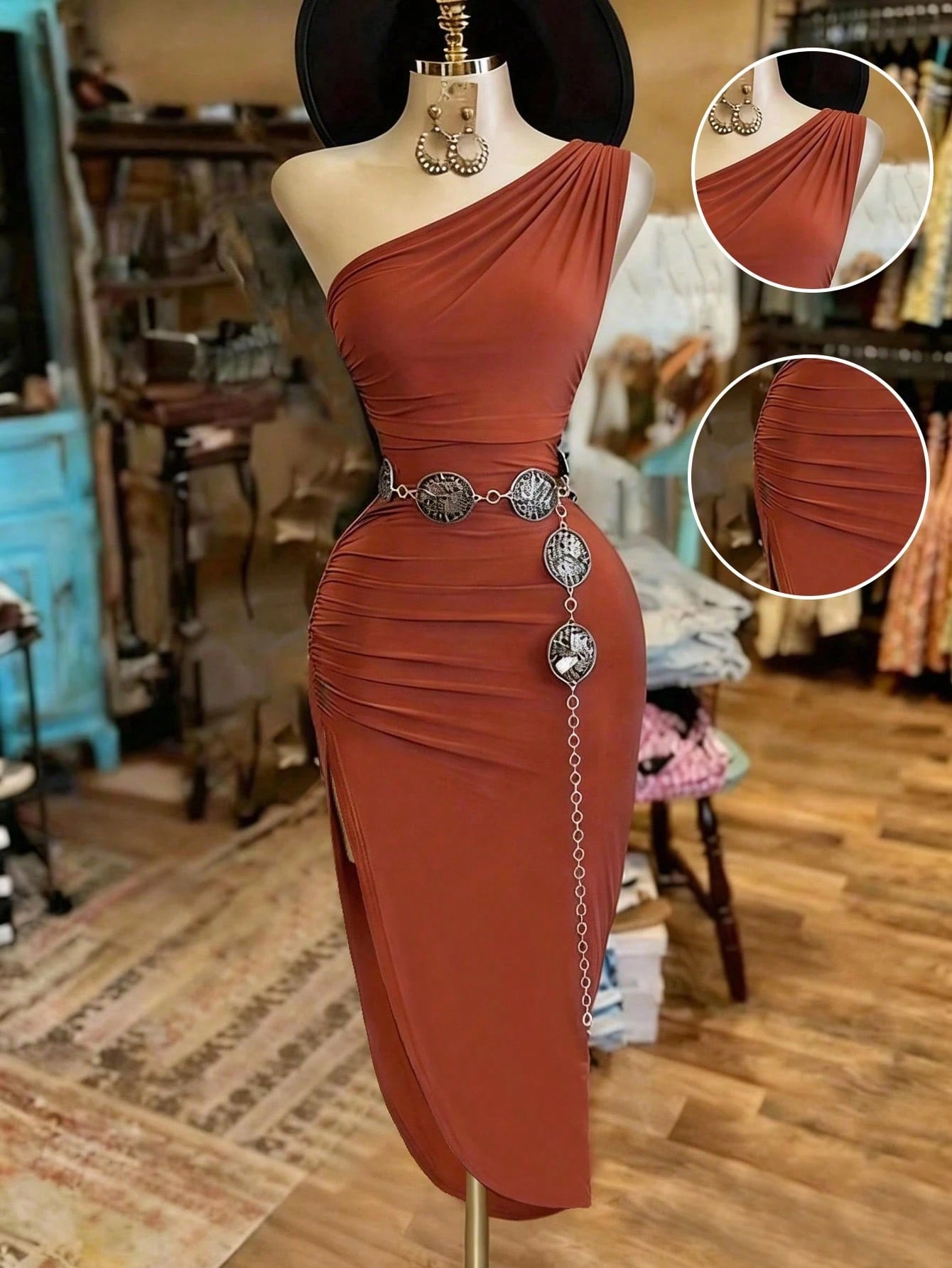 NostaNoir Women's Solid Color Pleated Elegant Waist Cinched Party Dress