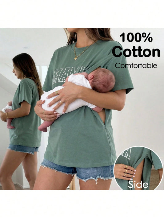 Nursing Crew Neck Drop Shoulder Letter Print Casual Summer Top Vacation Outfits Graphic Tees