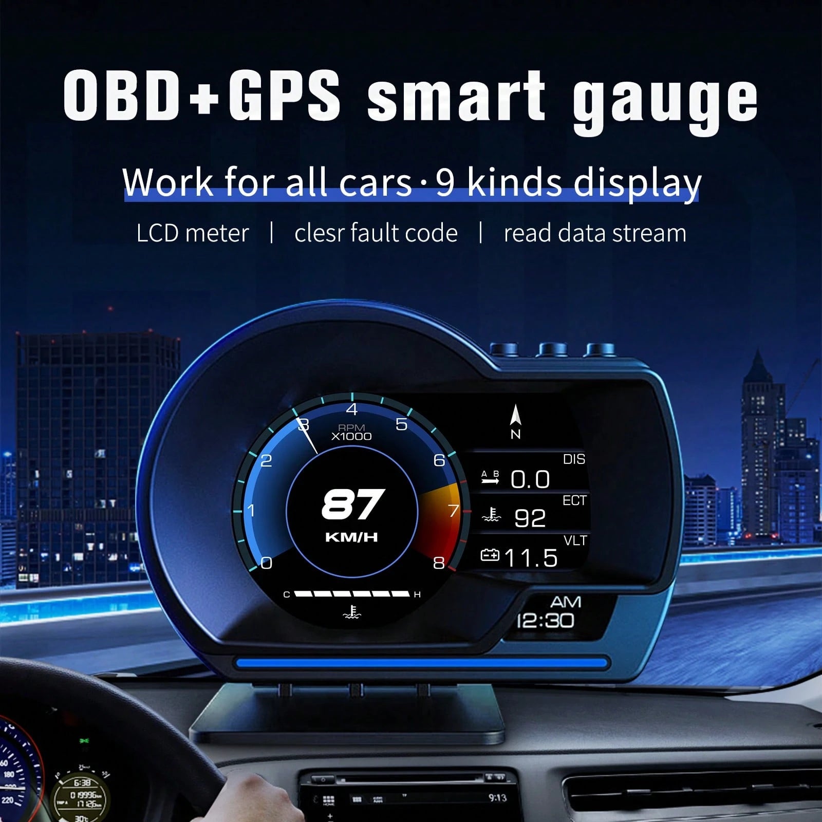 OBD + GPS HUD P24 Car OBD Head Up Display HUD On Board Computer Digital Speedometer Water Temp Fuel Consumption Slope Meter