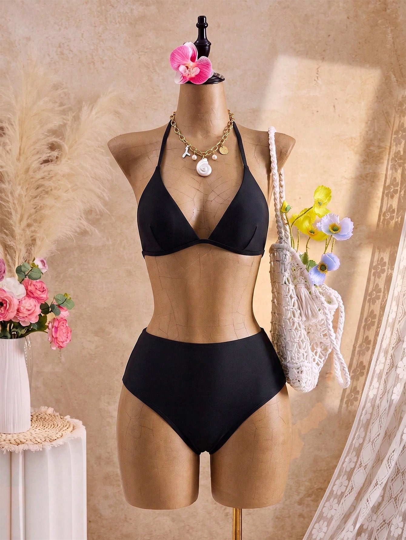 Oceva Plus Size Women's Summer Sexy Triangle Cup Halter Neck Two Pieces Swimsuit, Vacation Hard Cup Push-Up Design, Suitable For Beach Vacation, White