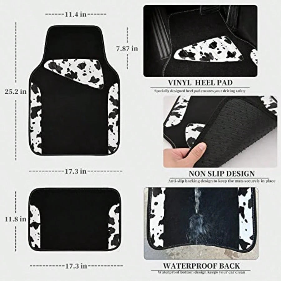 Of Univeral Fit Car Floor Ma Cow Print Car Ma Fit For UV Edan Truck Et Of 4pc Car Carpet With Driver Heel Pad And Nib Backing Or C Wen Girly Y Black White