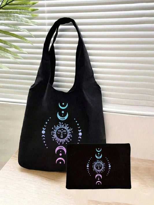 Ombre Glitter Sun Moon Star Print Canvas Tote Bag, Printed Black Vest Tote Bag And Black Pouch, Valentine's Day Gift, Cosmetic Bag, Personalized Bridesmaid Gift Bag, Cosmetic Bag, Convenient Travel St
