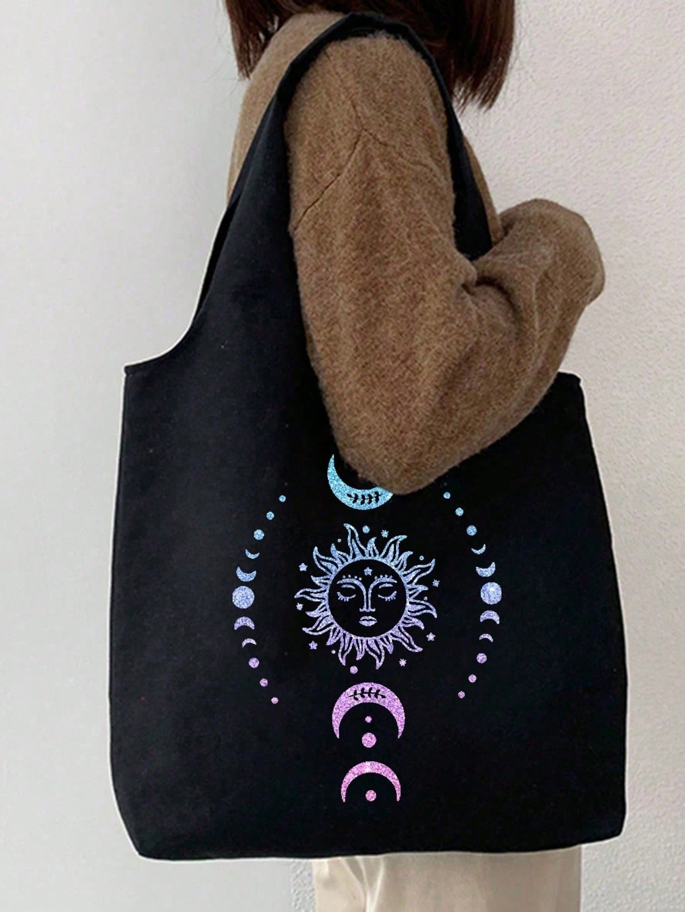 Ombre Glitter Sun Moon Star Print Canvas Tote Bag, Printed Black Vest Tote Bag And Black Pouch, Valentine's Day Gift, Cosmetic Bag, Personalized Bridesmaid Gift Bag, Cosmetic Bag, Convenient Travel St