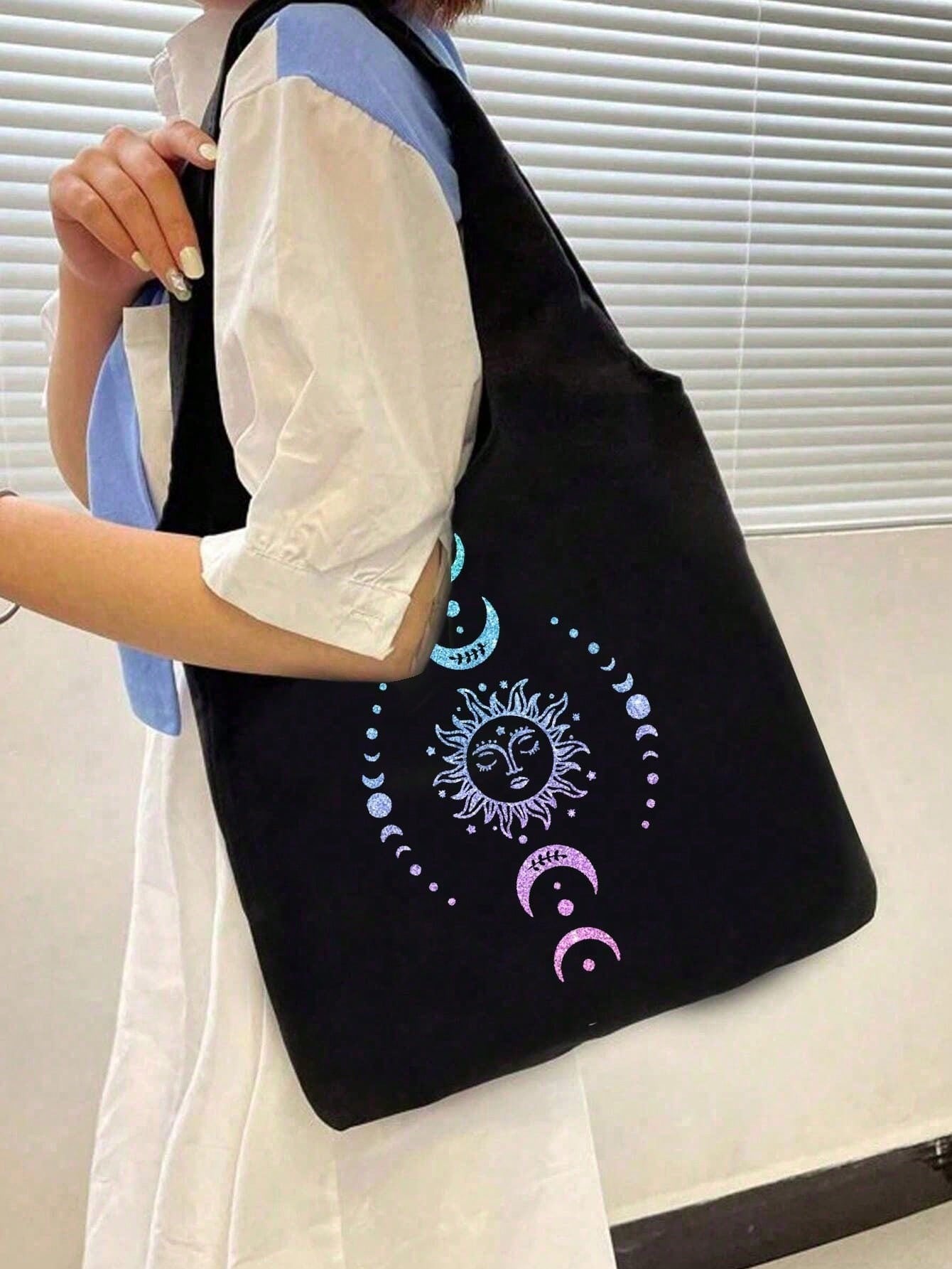Ombre Glitter Sun Moon Star Print Canvas Tote Bag, Printed Black Vest Tote Bag And Black Pouch, Valentine's Day Gift, Cosmetic Bag, Personalized Bridesmaid Gift Bag, Cosmetic Bag, Convenient Travel St