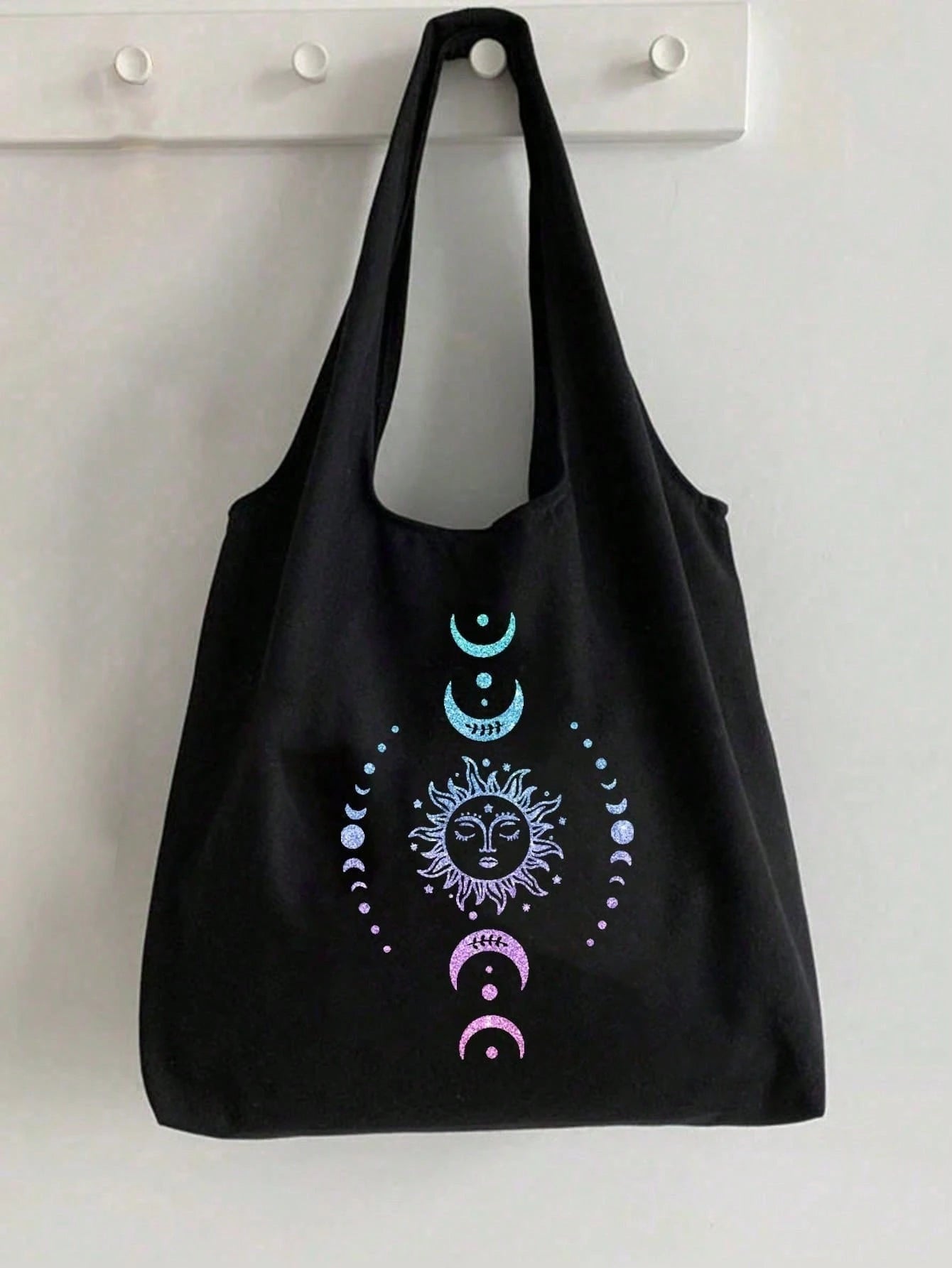 Ombre Glitter Sun Moon Star Print Canvas Tote Bag, Printed Black Vest Tote Bag And Black Pouch, Valentine's Day Gift, Cosmetic Bag, Personalized Bridesmaid Gift Bag, Cosmetic Bag, Convenient Travel St
