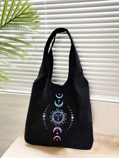 Ombre Glitter Sun Moon Star Print Canvas Tote Bag, Printed Black Vest Tote Bag And Black Pouch, Valentine's Day Gift, Cosmetic Bag, Personalized Bridesmaid Gift Bag, Cosmetic Bag, Convenient Travel St