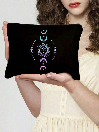 Ombre Glitter Sun Moon Star Print Canvas Tote Bag, Printed Black Vest Tote Bag And Black Pouch, Valentine's Day Gift, Cosmetic Bag, Personalized Bridesmaid Gift Bag, Cosmetic Bag, Convenient Travel St