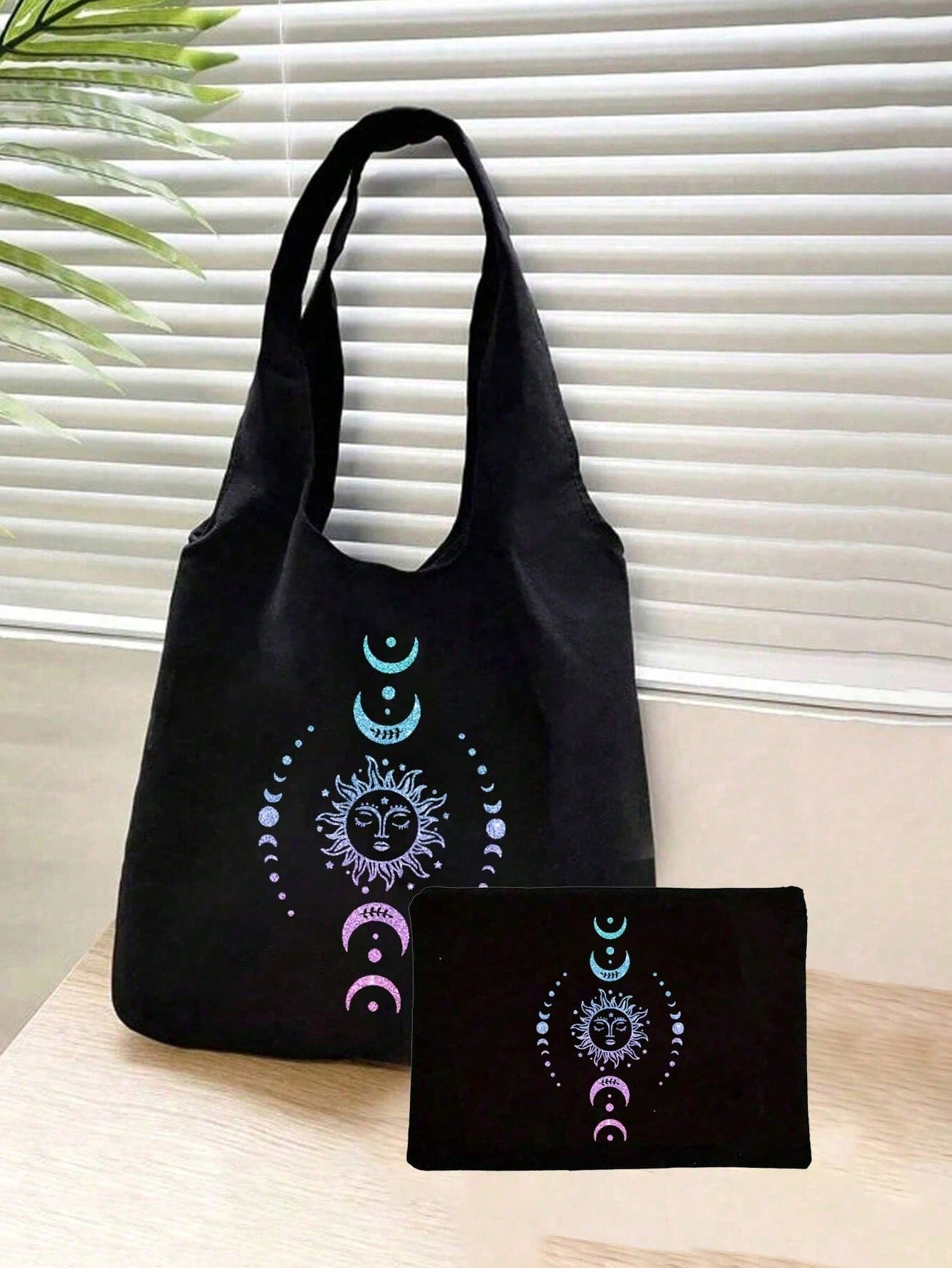 Ombre Glitter Sun Moon Star Print Canvas Tote Bag, Printed Black Vest Tote Bag And Black Pouch, Valentine's Day Gift, Cosmetic Bag, Personalized Bridesmaid Gift Bag, Cosmetic Bag, Convenient Travel St