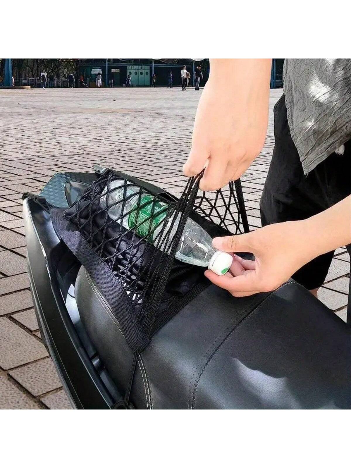 One Piece Universal Motorcycle & Scooter Elastic Cargo Net With Helmet Holder, Polyester Grid Luggage Storage Bag, Double Helmet Storage Net For Motorcycle, Scooter & Bike