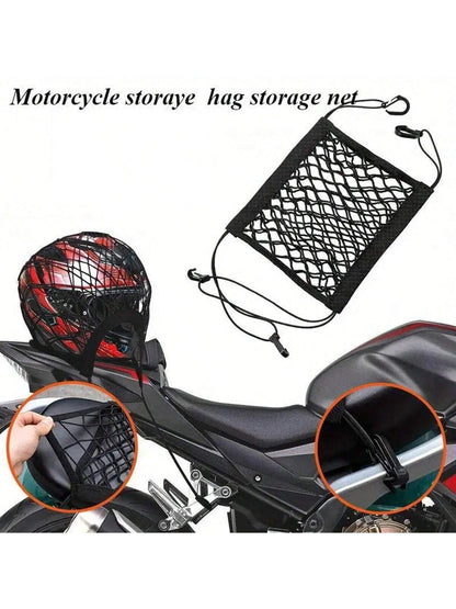 One Piece Universal Motorcycle & Scooter Elastic Cargo Net With Helmet Holder, Polyester Grid Luggage Storage Bag, Double Helmet Storage Net For Motorcycle, Scooter & Bike