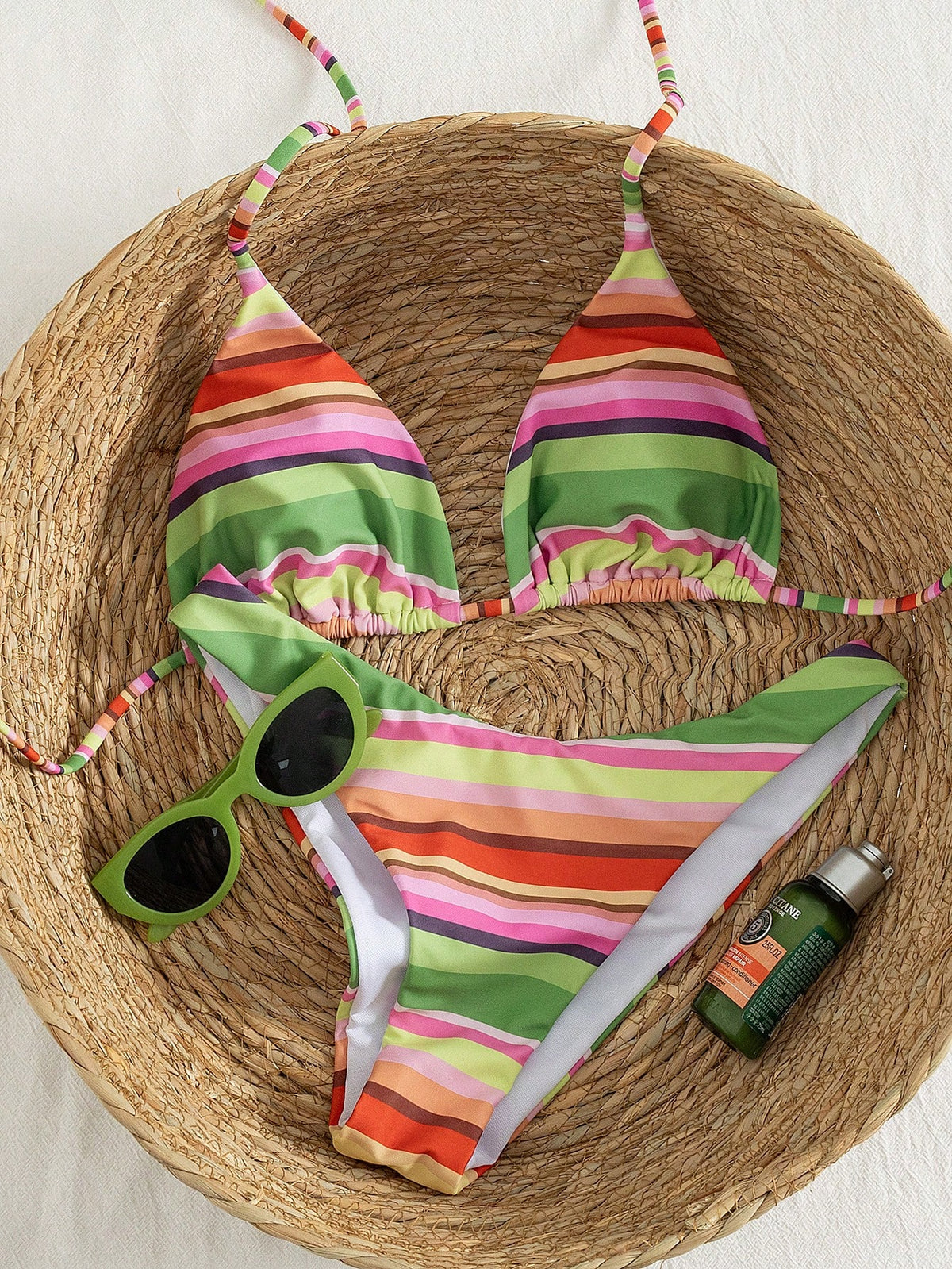 Onefish 1 Set Women's Green, Pink, Orange Striped Print Bikini, Triangle Top With Adjustable Straps, Sliding Cup, Fixed Waist, Low-Waist High-Cut Bottom, Summer Beach Swimwear Vacation
