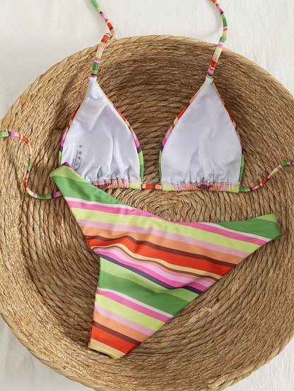Onefish 1 Set Women's Green, Pink, Orange Striped Print Bikini, Triangle Top With Adjustable Straps, Sliding Cup, Fixed Waist, Low-Waist High-Cut Bottom, Summer Beach Swimwear Vacation
