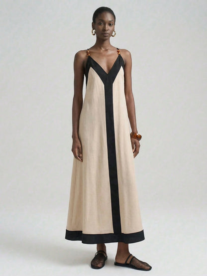 Ontre 2026 Spring/Summer Women's Colorblock Backless Dress, Elegant Minimalist For Beach, Holiday, Country Music Festival, Business Casual, Black