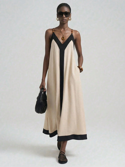 Ontre 2026 Spring/Summer Women's Colorblock Backless Dress, Elegant Minimalist For Beach, Holiday, Country Music Festival, Business Casual, Black