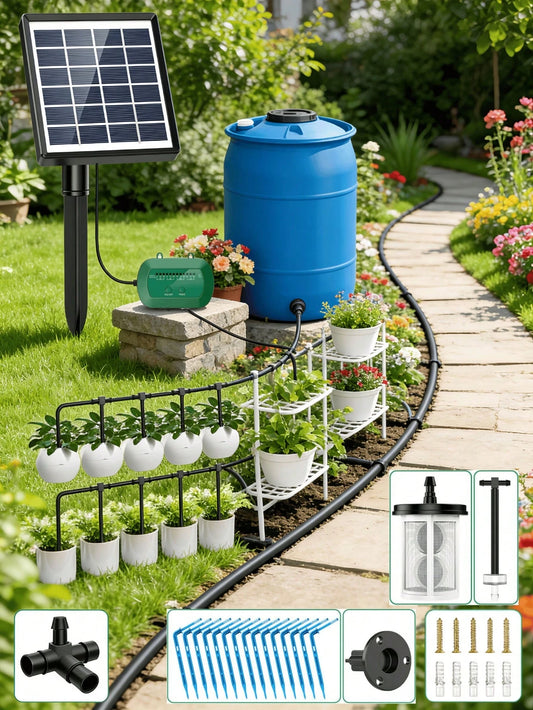 Outdoor Solar Automatic Watering Kit For Garden, Automatic Drip Watering System With 15 M Watering Hose, Automatic Watering Timer For Holidays, Balconies, Flower Pots, Plants