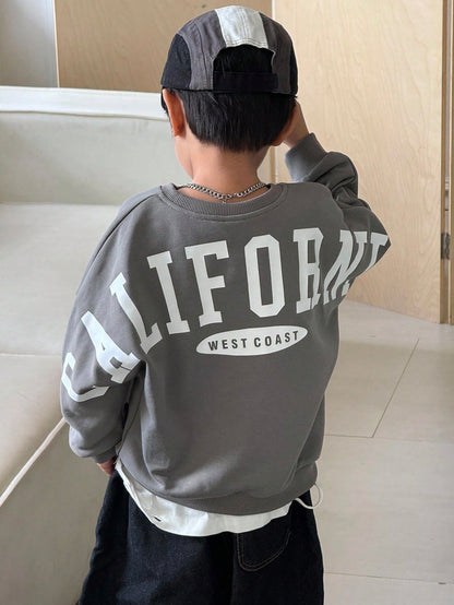 Oversized Crew Neck Raglan Sleeve Fleece Pullover Pullover Autumn Sweatshirt With Large Letter Print, Suitable For Winter, Baby Boy