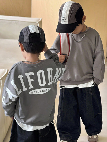 Oversized Crew Neck Raglan Sleeve Fleece Pullover Pullover Autumn Sweatshirt With Large Letter Print, Suitable For Winter, Baby Boy
