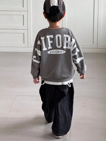 Oversized Crew Neck Raglan Sleeve Fleece Pullover Pullover Autumn Sweatshirt With Large Letter Print, Suitable For Winter, Baby Boy