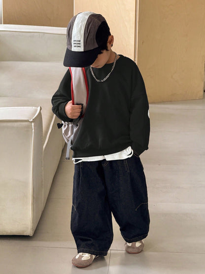 Oversized Crew Neck Raglan Sleeve Fleece Pullover Pullover Autumn Sweatshirt With Large Letter Print, Suitable For Winter, Baby Boy