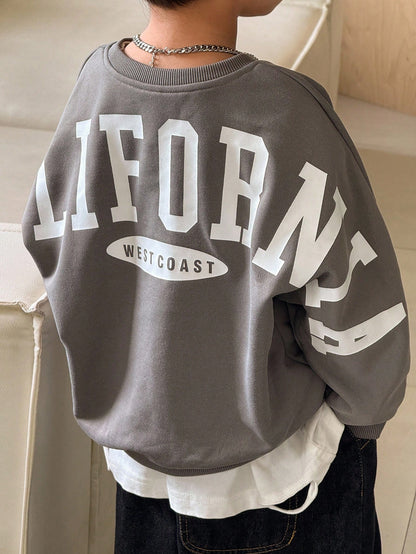 Oversized Crew Neck Raglan Sleeve Fleece Pullover Pullover Autumn Sweatshirt With Large Letter Print, Suitable For Winter, Baby Boy