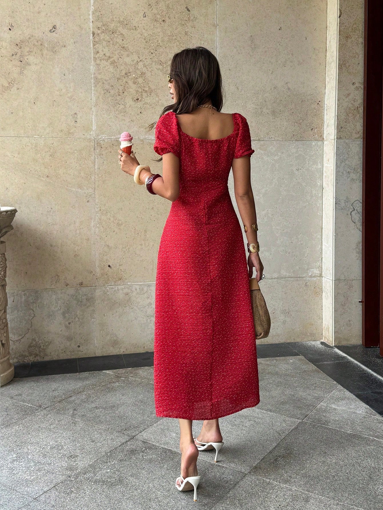 Pariaura Square Neck Tie-Waist Puff Sleeve Vintage Red Long Dress, Slimming, Gentle, Everyday Dress