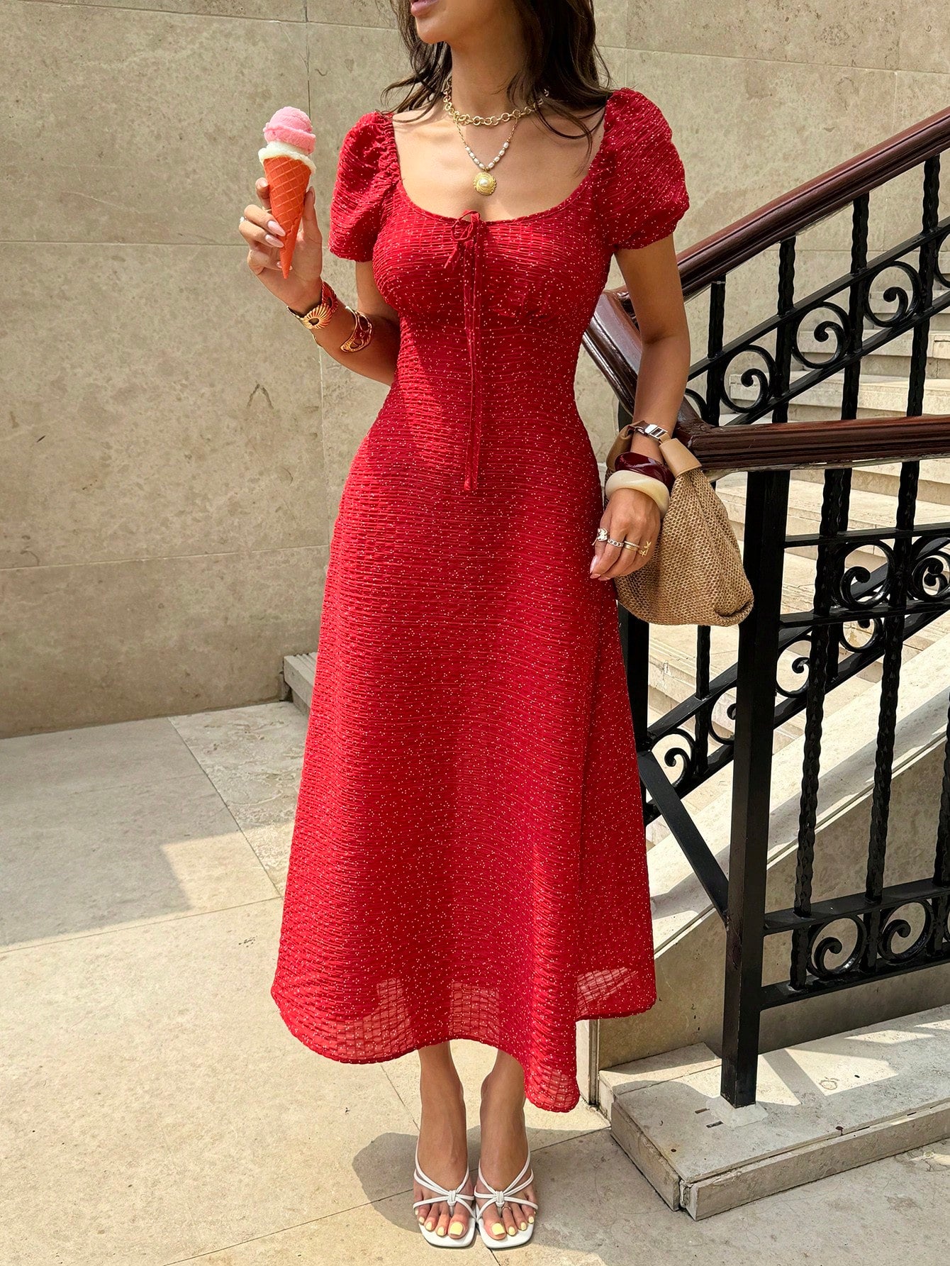 Pariaura Square Neck Tie-Waist Puff Sleeve Vintage Red Long Dress, Slimming, Gentle, Everyday Dress