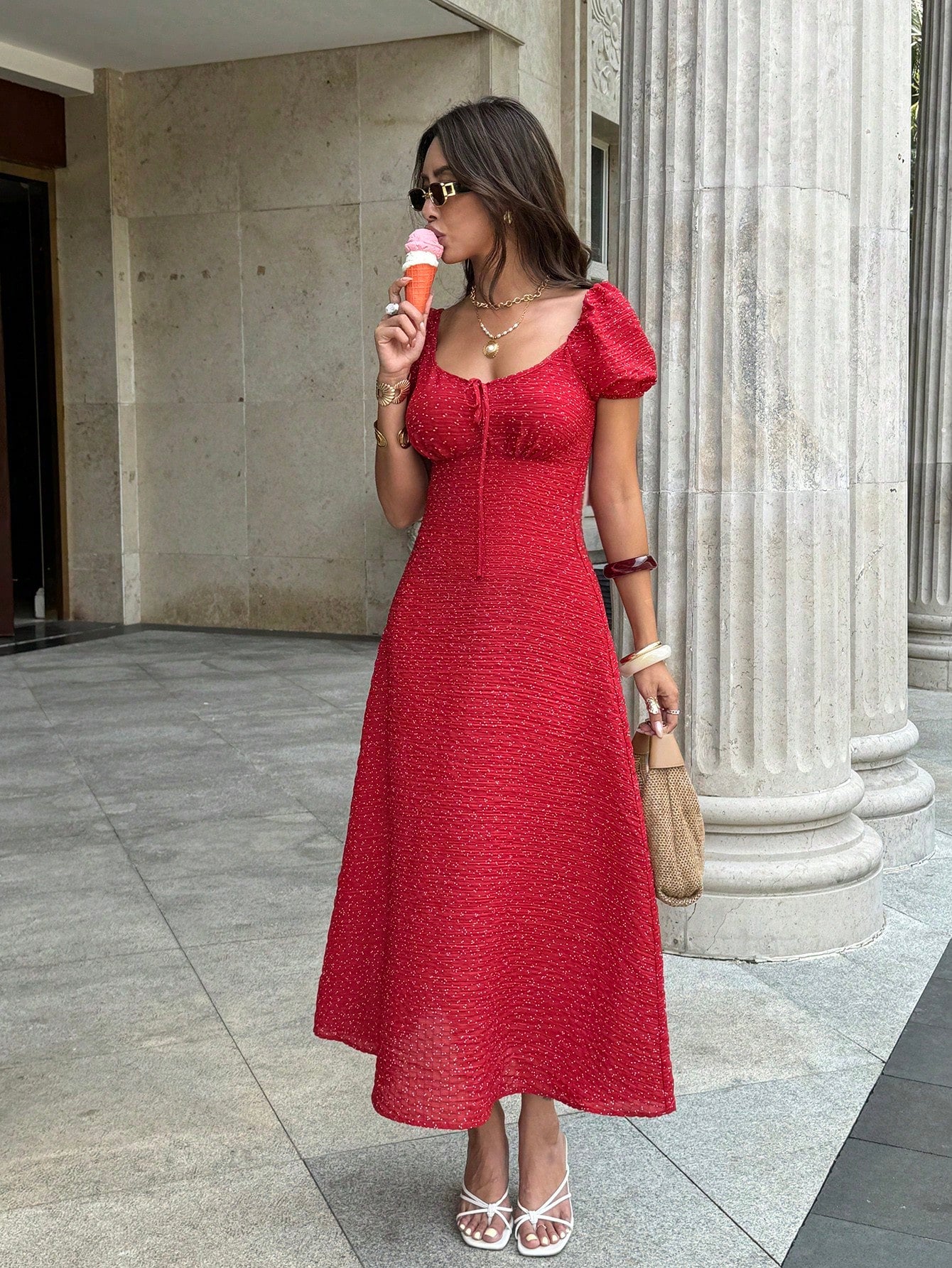 Pariaura Square Neck Tie-Waist Puff Sleeve Vintage Red Long Dress, Slimming, Gentle, Everyday Dress