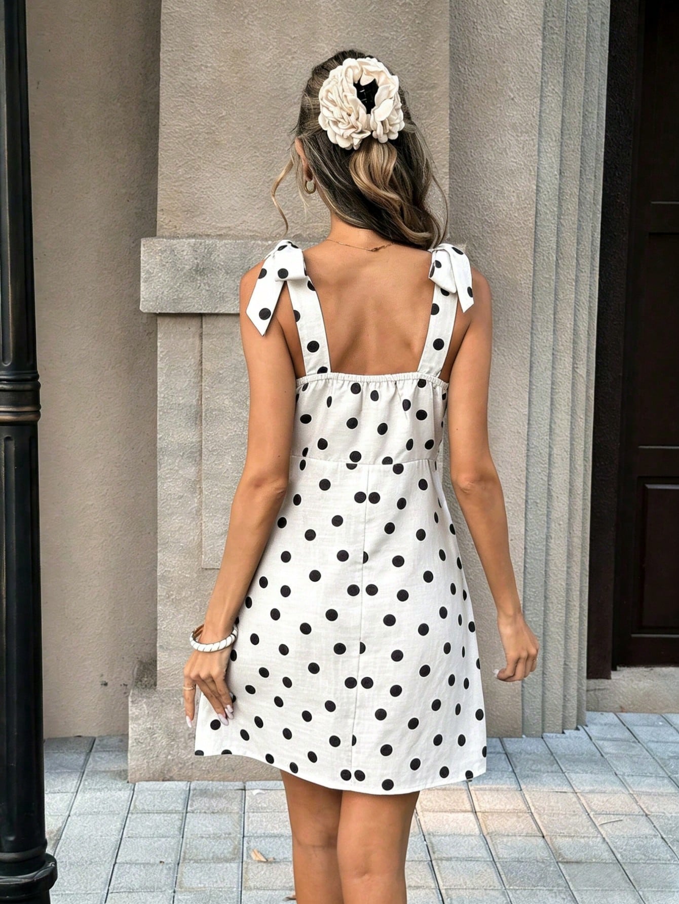 Pariaura Vintage Brown Polka Dot V-Neck Bow Strap Dress/ Sexy Fitted/ French Retro Mini Dress