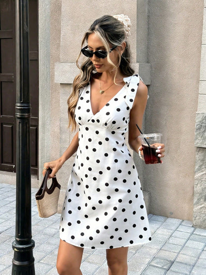 Pariaura Vintage Brown Polka Dot V-Neck Bow Strap Dress/ Sexy Fitted/ French Retro Mini Dress