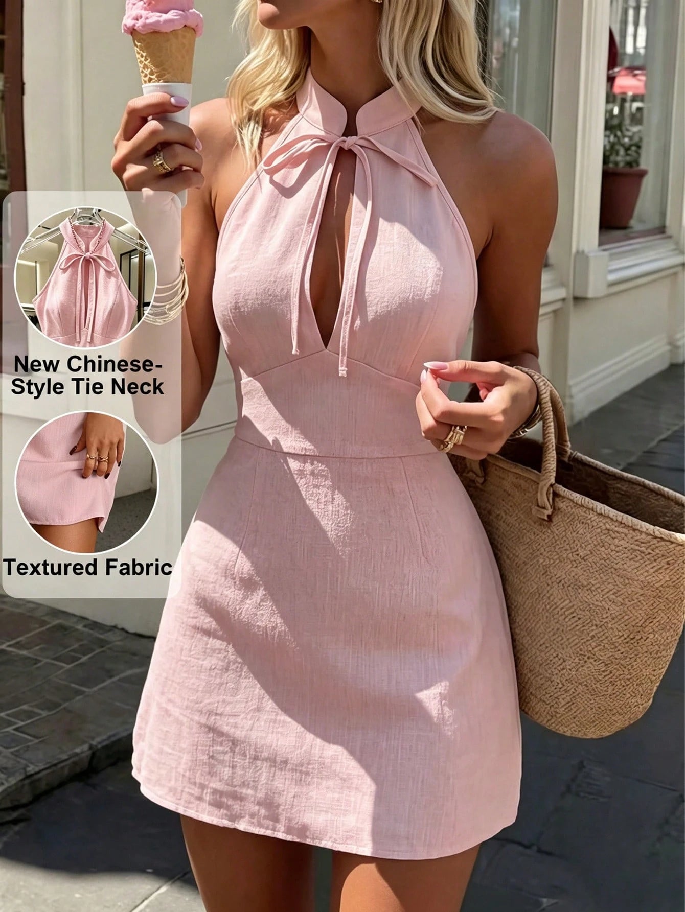 Pariaura Women's Summer Halter Neck Tie Waist Sleeveless Short Dress, Suitable For Dates, Gatherings, Parties, And Elegant Daily Wear, Slimming And Graceful