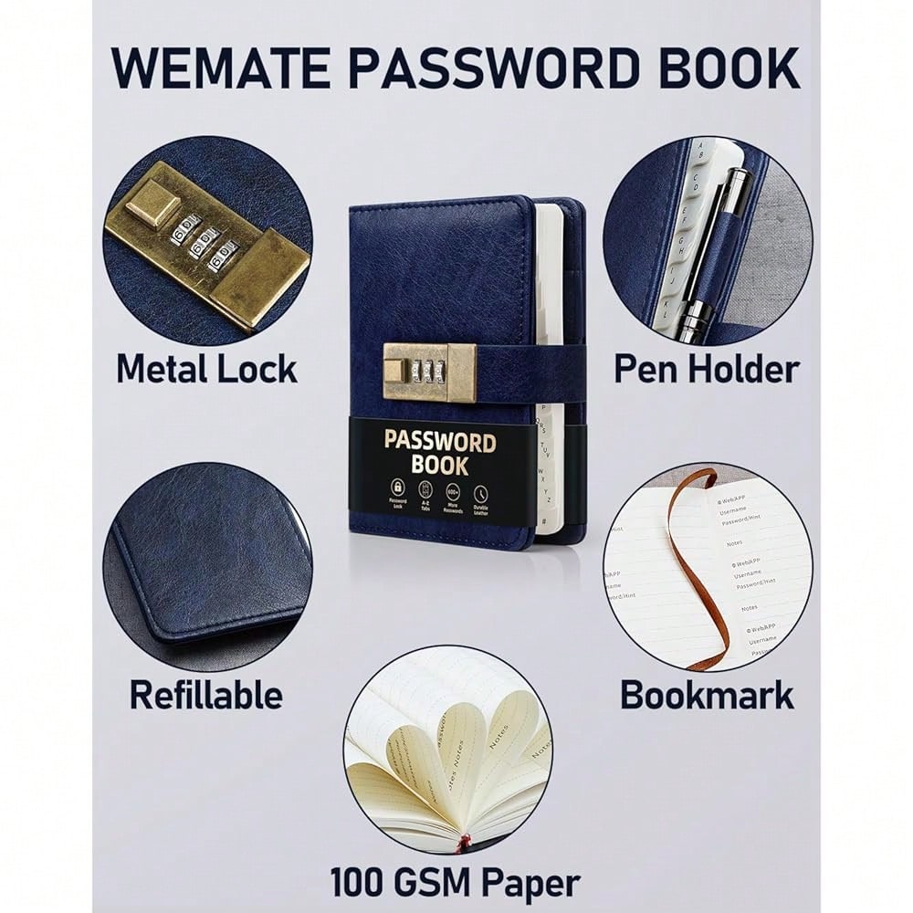 Password Book With Lock, Password Book With Alphabetical Tabs 600+ Password Spaces, Password Logbook With Lock, Password Keeper For Computer 4.33 X 6.18 Inch Dark Blue
