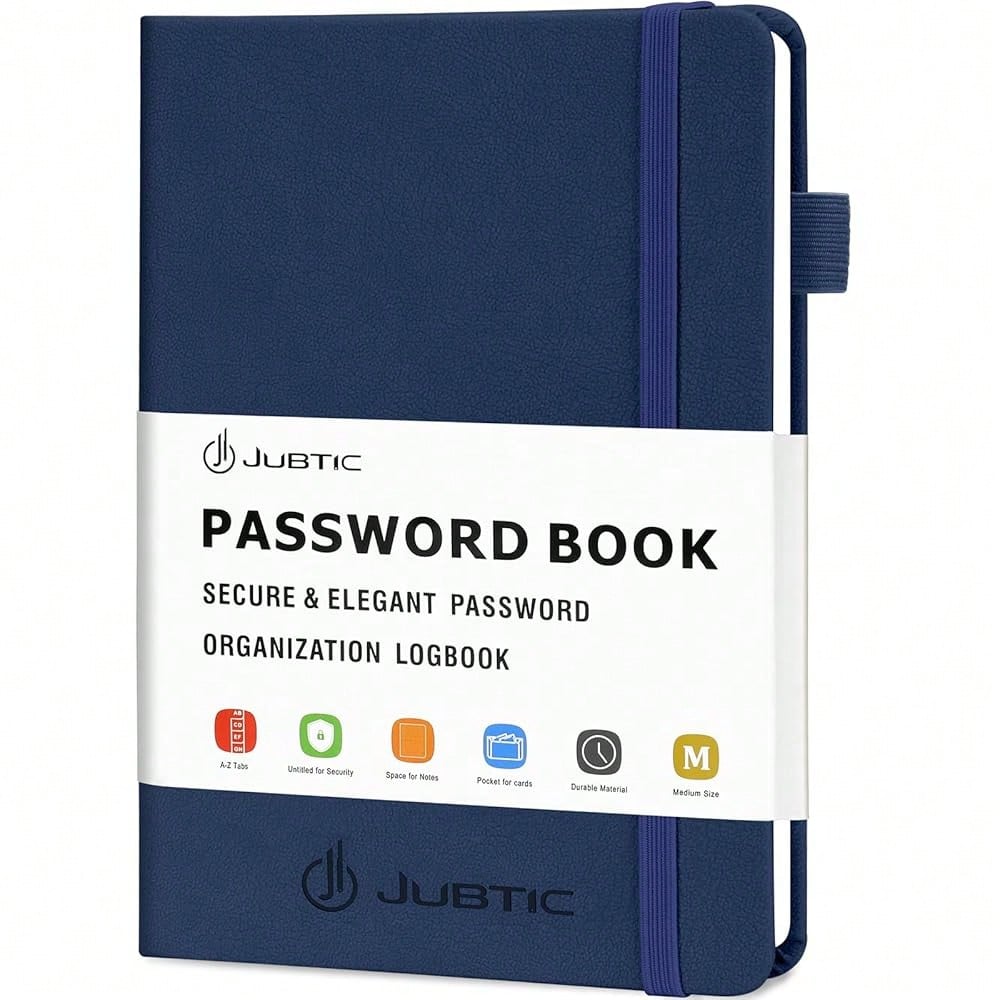 Password Keeper Book With Alphabetical Tabs. Medium Size Password Book For Seniors, Internet Website Address Log In Detail. Hardcover Password Notebook For Home Office, Navy Blue