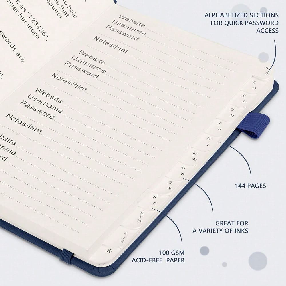Password Keeper Book With Alphabetical Tabs. Medium Size Password Book For Seniors, Internet Website Address Log In Detail. Hardcover Password Notebook For Home Office, Navy Blue