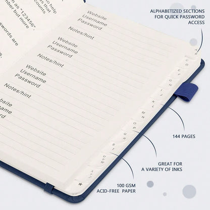 Password Keeper Book With Alphabetical Tabs. Medium Size Password Book For Seniors, Internet Website Address Log In Detail. Hardcover Password Notebook For Home Office, Navy Blue